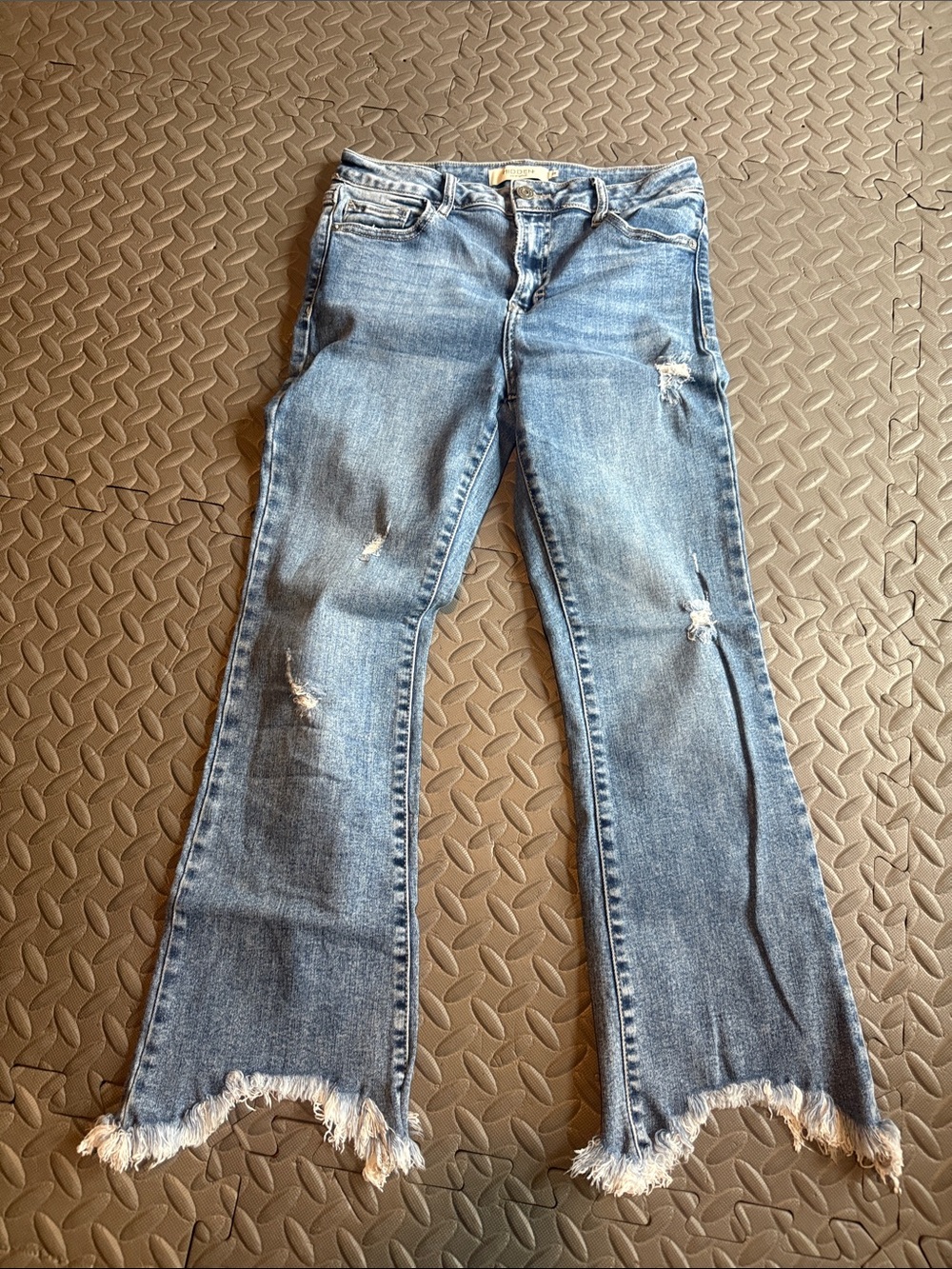 Women’s Distressed Blue Flare Jeans - Casual Raw Hem